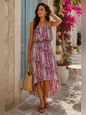 Hawaiian 100% Silk Strapless High-Low Dress Abstract Resort Luxury XS/X